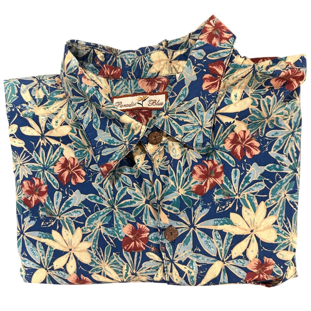 Paradise Blue Mens 3XL Hawaiian Shirt Blue Floral Hibiscus Cotton Camp Button Up